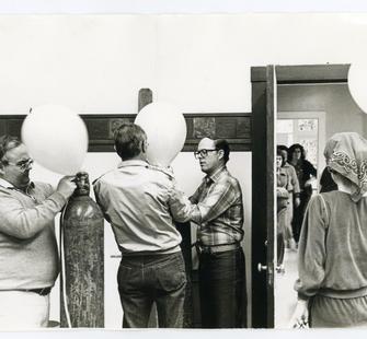 Montalvo staff and trustees prepare for the Sweetheart Ball, photographer unknown, 1982. Montalvo Arts Center Archive.
